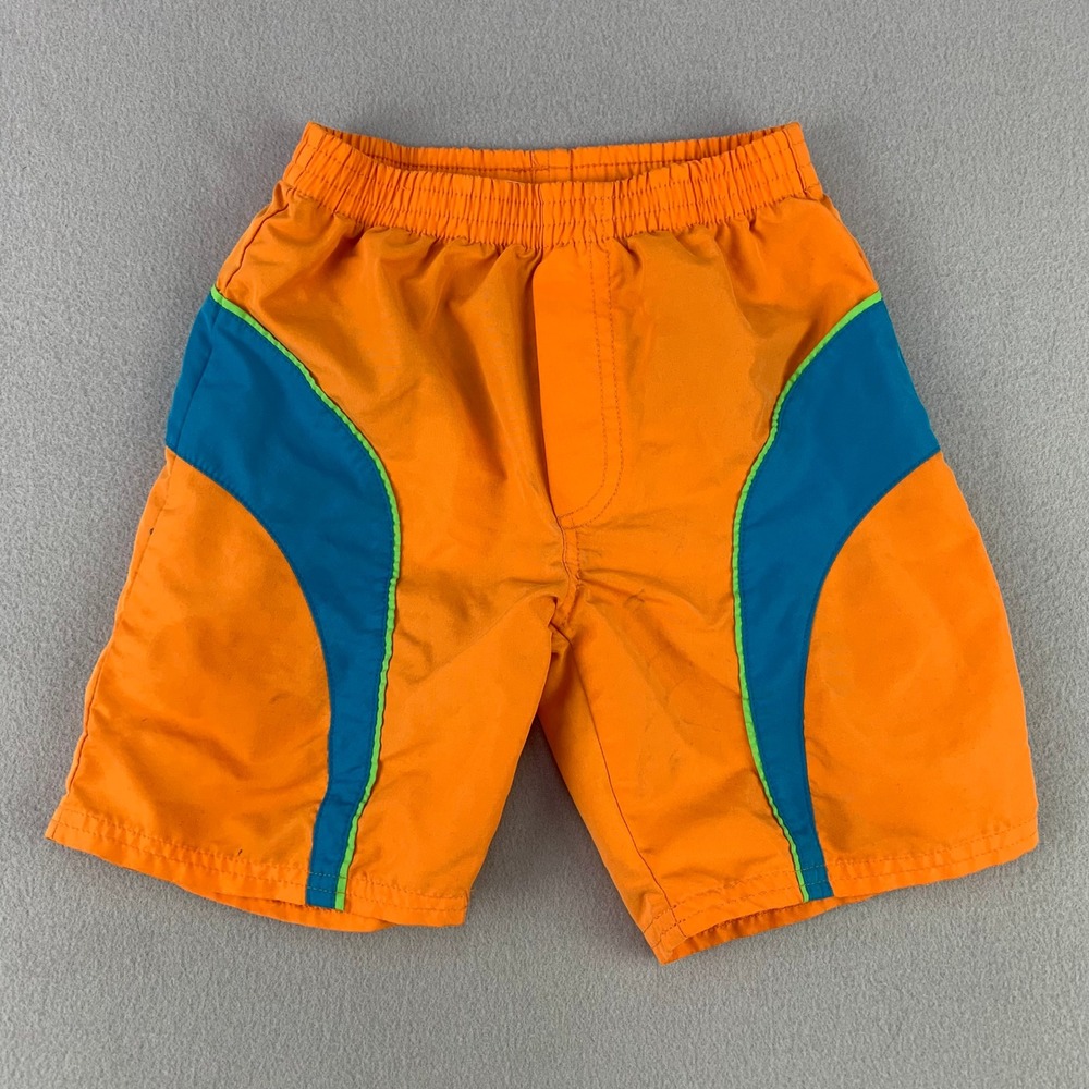 Vintage 90s Buster Brown Board Shorts Boys 4 Orange Blue Surf Swim Trunks Beach